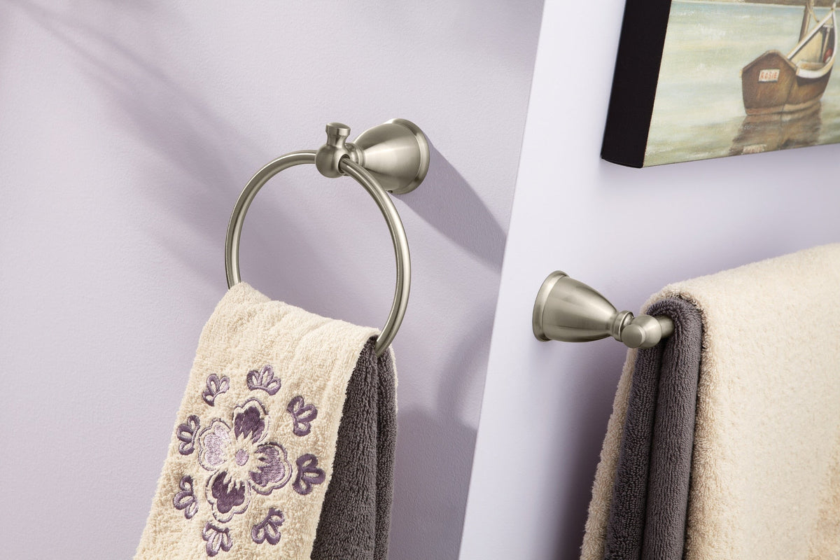 Moen Caldwell 3-Piece Decorative Bathroom Hardware Set, Brushed Nickel – 18-in Towel Bar, Pivoting Toilet Paper Holder, 6.8-in Towel Ring