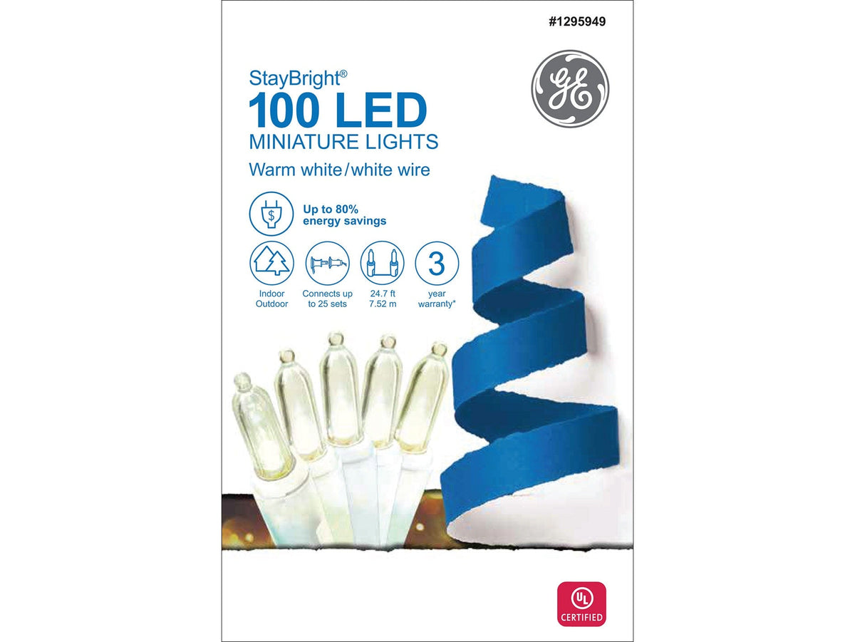 GE StayBright 100-Count 24.7-ft Warm White LED Plug-In Christmas String Lights, White Wire