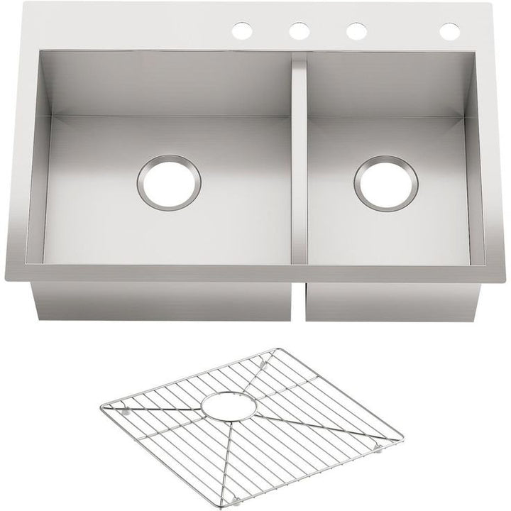 Vault Dual Mount Stainless Steel 33 in. 4-Hole Offset Double Bowl Kitchen Sink Kit with Basin Rack