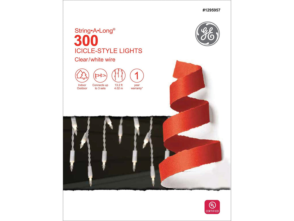 GE String-A-Long 300-Count Constant White Mini Incandescent Plug-In Christmas Icicle Lights