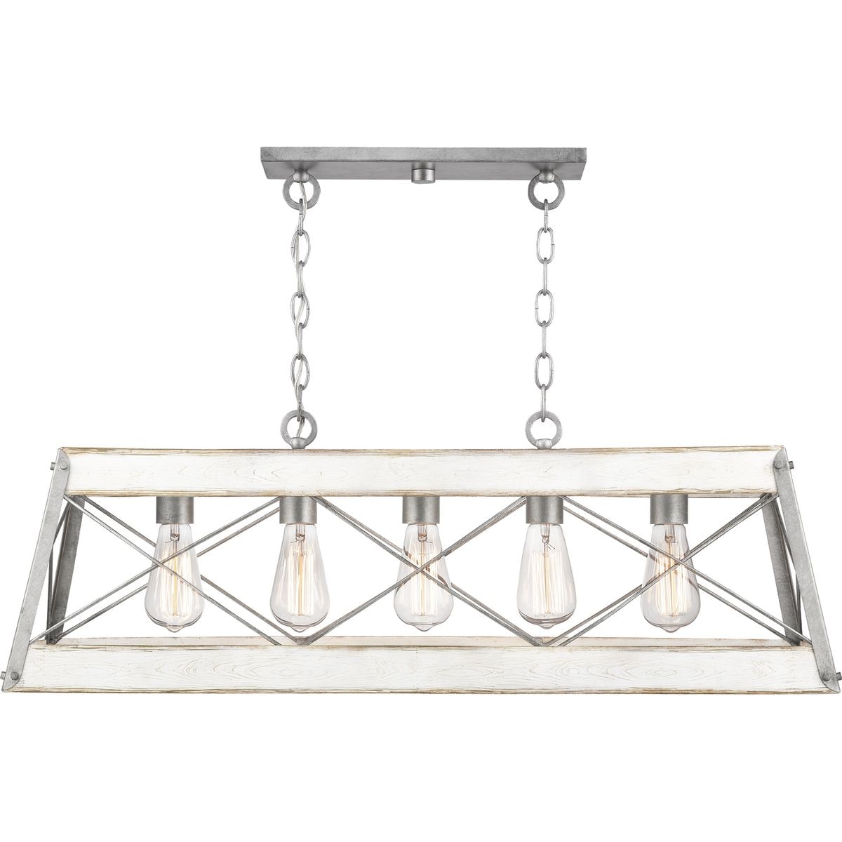 Progress Lighting Bradberry 5-Light Antique White and Galvanized Farmhouse Linear Large Hanging Kitchen Island Light