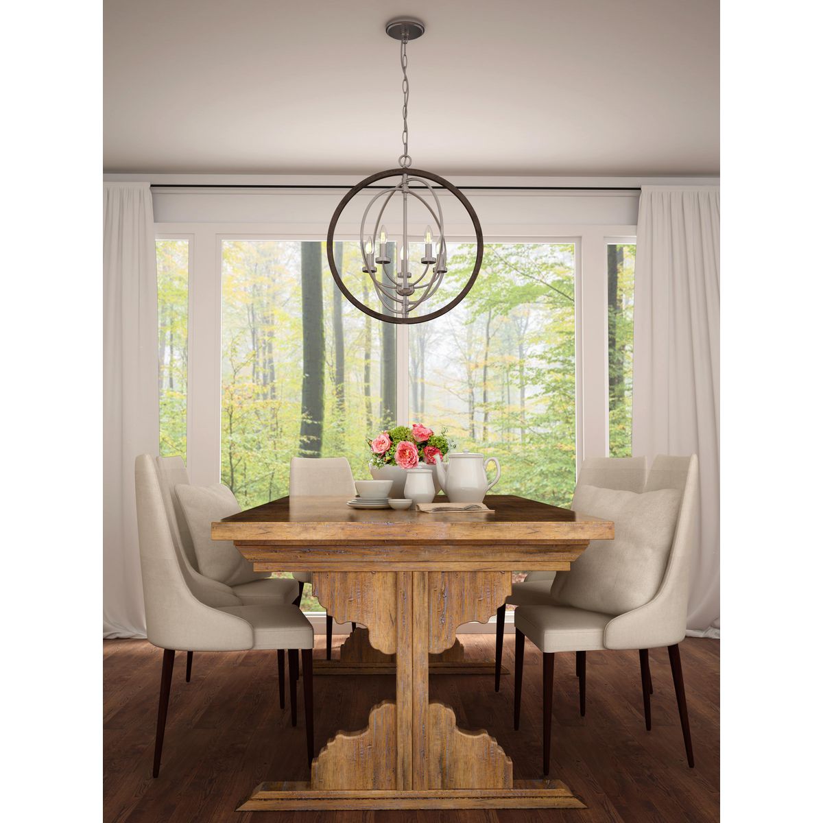Progress Lighting Fairwood 5-Light Teak Wood and Satin Nickel Transitional Globe Medium Hanging Pendant Light