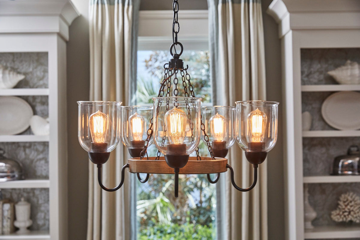 Quoizel Creeksville 5-Light Matte Black with Faux Natural Walnut Farmhouse Antler Chandelier