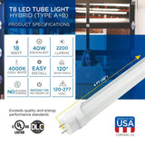 Viribright 4 ft. 40-Watt Equivalent Cool White (4000K) Type A & B Hybrid Linear T8 LED Tube Light Bulb (12-Pack)