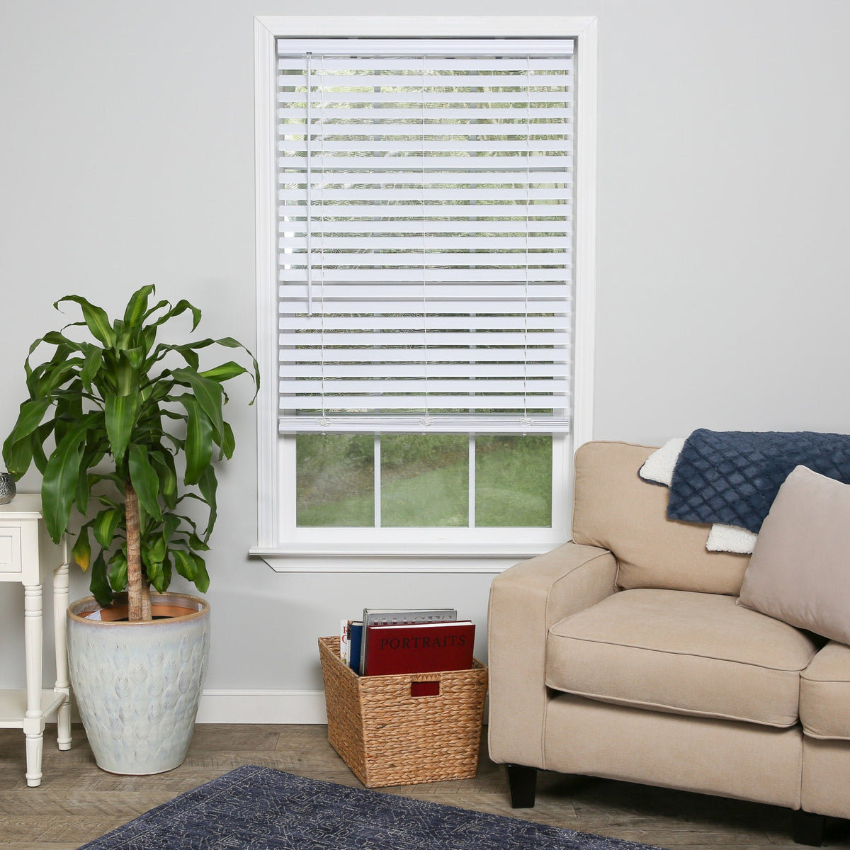 Project Source Premium 2-in Slat 47-in W x 64-in L Cordless White Vinyl Room Darkening Horizontal Blinds