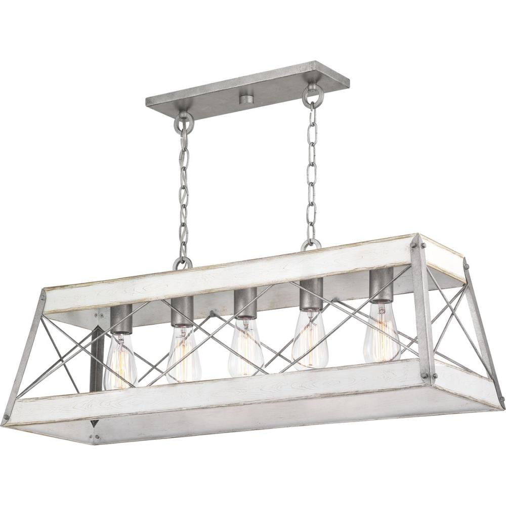 Progress Lighting Bradberry 5-Light Antique White and Galvanized Farmhouse Linear Large Hanging Kitchen Island Light