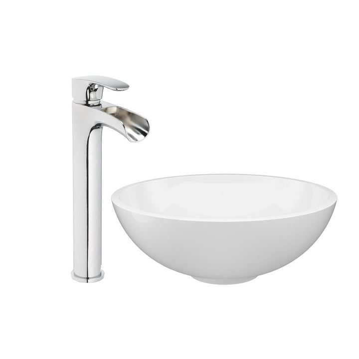 JACUZZI 16.5 in. Solid Surface Vessel Bathroom Sink Bowl in White Gloss with Vessel Filler Faucet and Pop Drain Included
