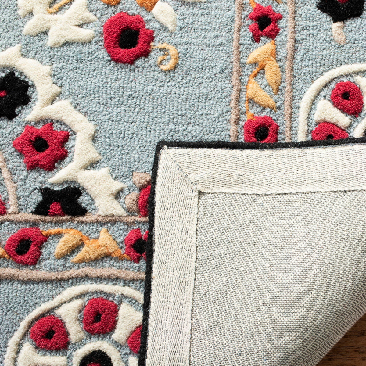 Safavieh Bellagio Roble 5 x 5 Light Blue/Black Square Indoor Floral/Botanical Farmhouse/Cottage Handcrafted Area Rug