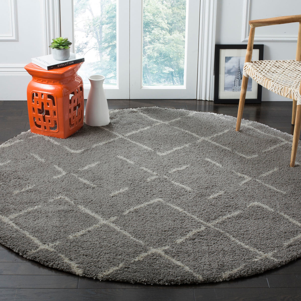 Safavieh Arizona Myra Shag 5 x 5 Gray/Ivory Round Indoor Trellis Moroccan Area Rug