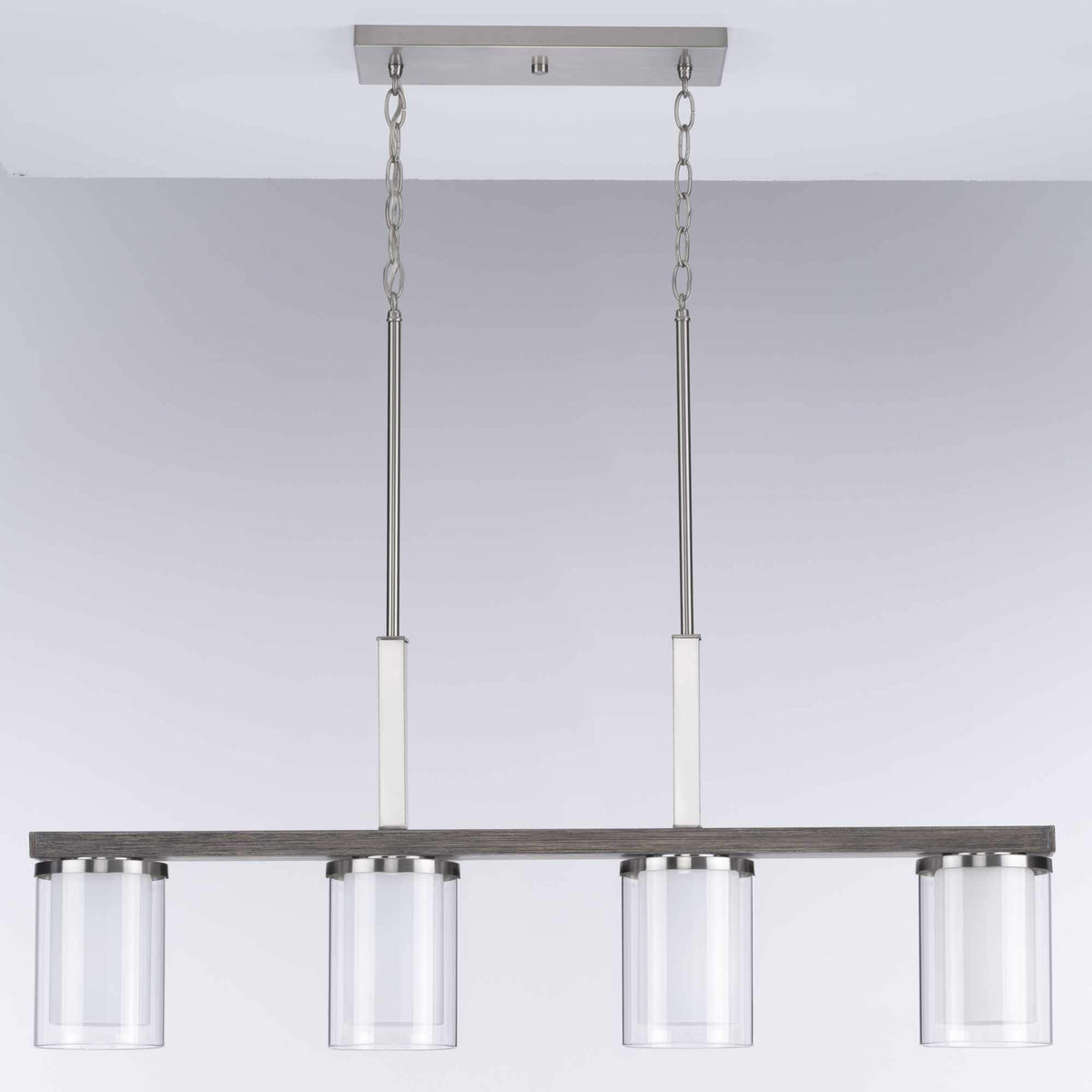 Progress Lighting Mast 4-Light Brushed Nickel Farmhouse Etched Glass Linear Large Hanging Kitchen Island Light
