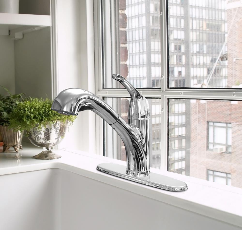 Project Source Polished Chrome 1-Handle Deck-Mount Pull-Out Kitchen Faucet with Lever and Deck Plate