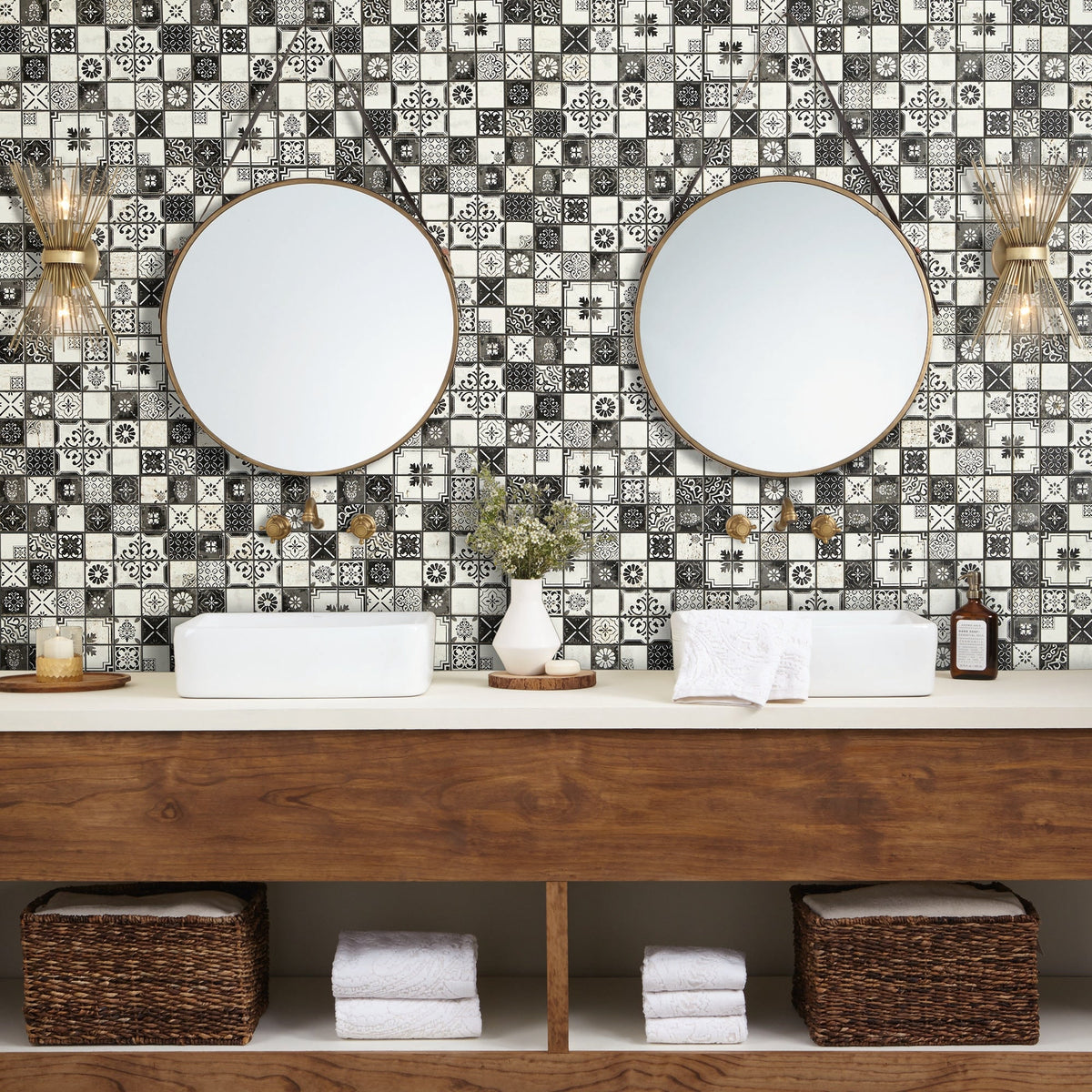 American Olean Genuine Stone Moroccan Black and White 12-in x 12-in Glazed Natural Travertine Mosaic Wall Tile (0.97-sq ft)