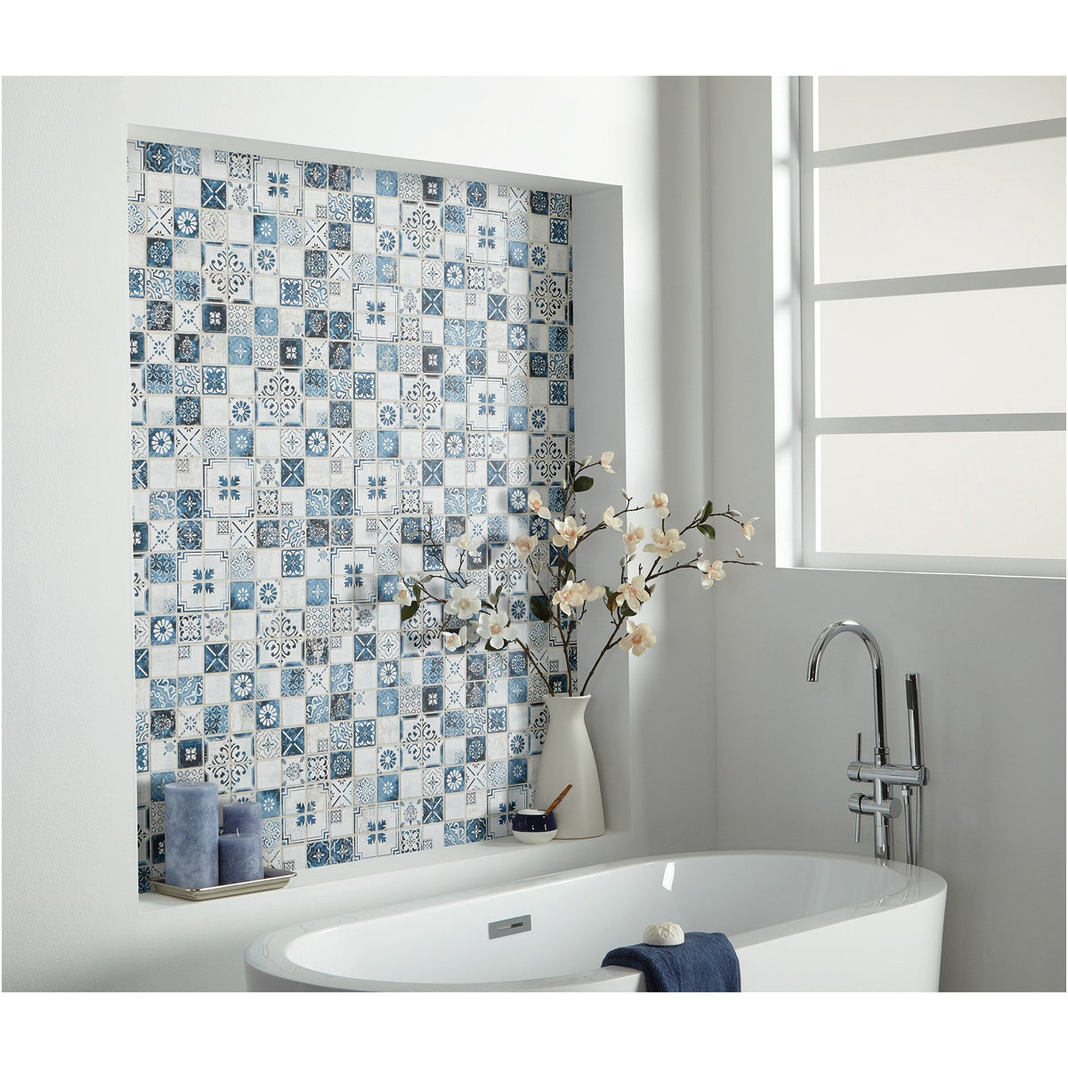 American Olean Genuine Stone Moroccan Blue 12-in x 12-in Glazed Travertine Mosaic Wall Tile, 0.97-sq ft Sheet