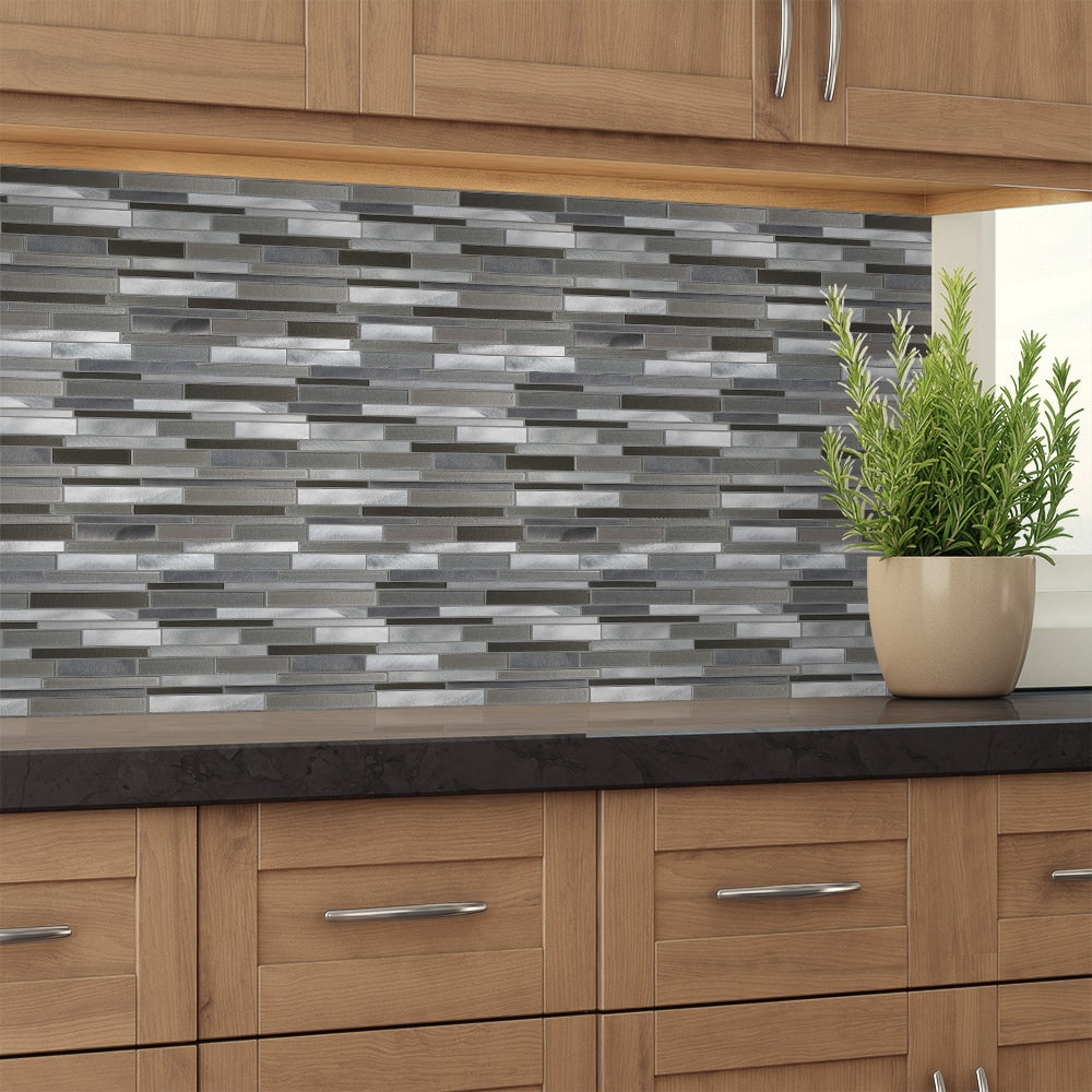 Elida Ceramica Oasis Silver Mix 12-in x 12-in Multi-Finish Glass/Metal Linear Mosaic Wall Tile