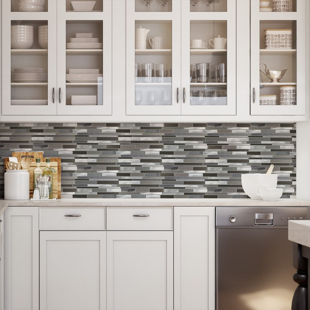 Elida Ceramica Oasis Silver Mix 12-in x 12-in Multi-Finish Glass/Metal Linear Mosaic Wall Tile