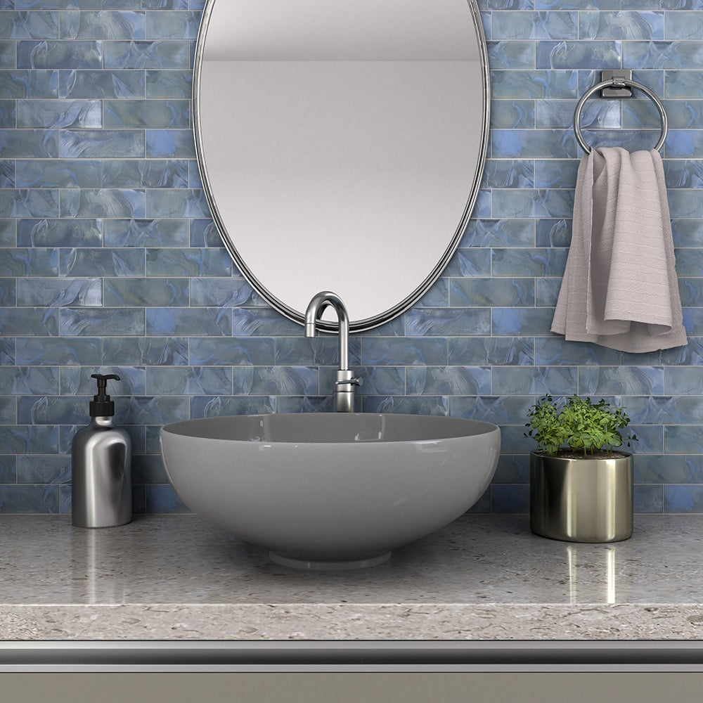 Elida Ceramica Blue 12-in x 12-in Glossy Glass Brick Mosaic Wall Tile