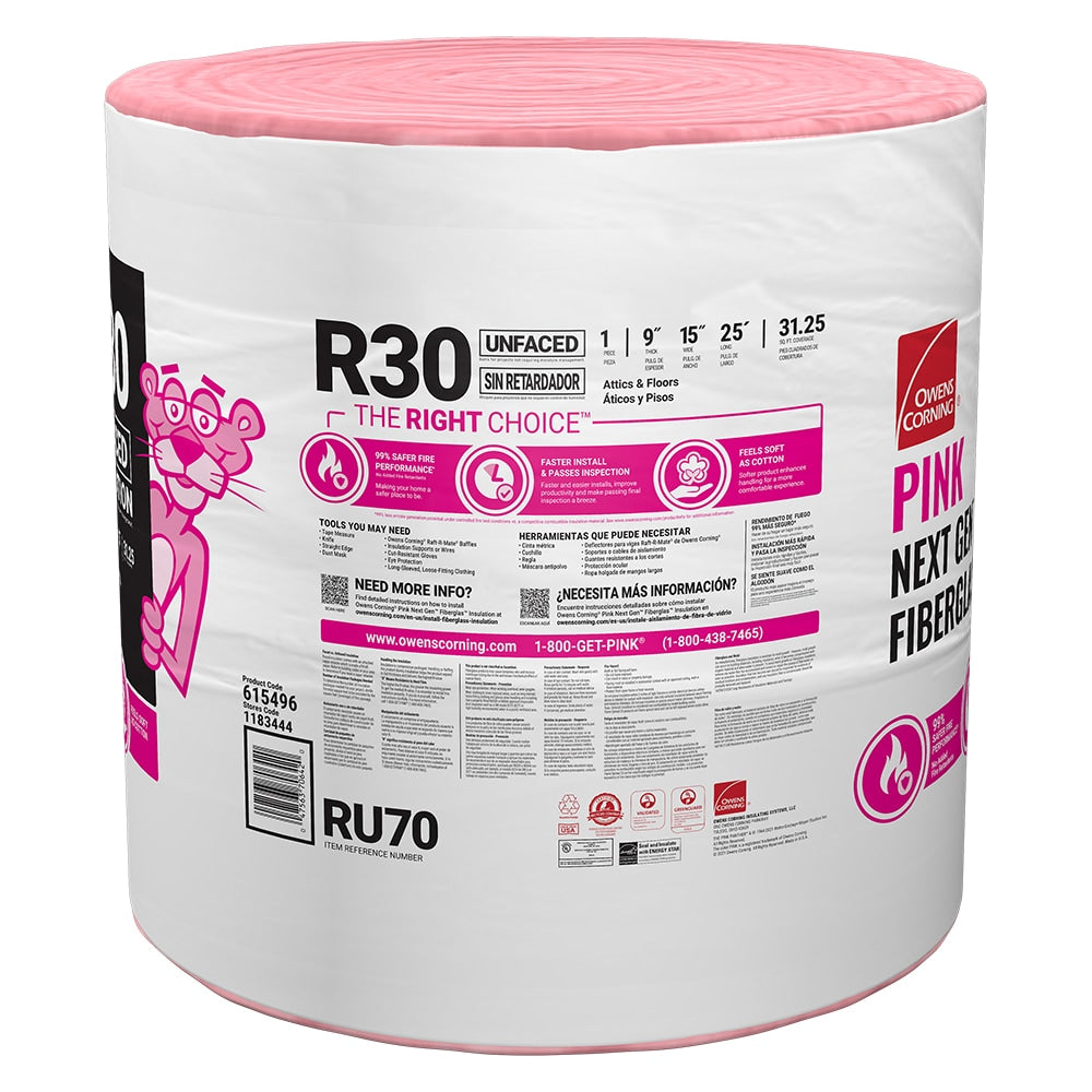 Owens Corning EcoTouch R-30 Unfaced Fiberglass Insulation Roll, 15 in W x 25 ft L, 31.25 sq ft Coverage
