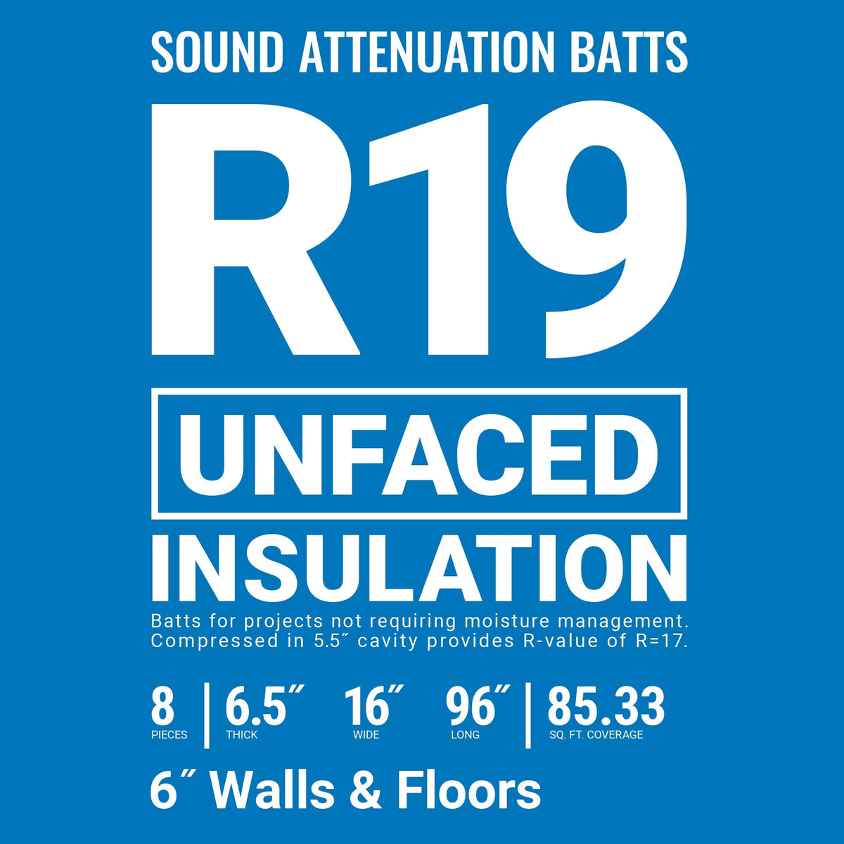 Owens Corning R-19 Unfaced Fiberglass Insulation Batts, 6.5 in x 16 in x 96 in (8-Pack)