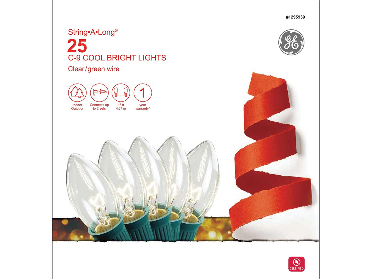 GE String-A-Long 25-Count 16-ft Clear C9 Incandescent Plug-In Christmas String Lights, Green Wire