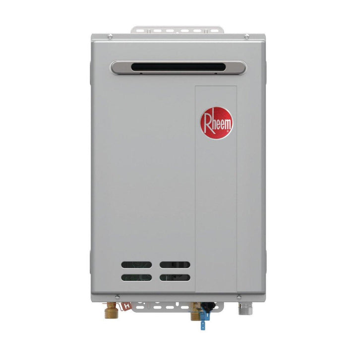 Rheem RRTG84XLN3701252 180 MBH Outdoor Non-Condensing Natural Gas Tankless Water Heater shown centered on a square white background