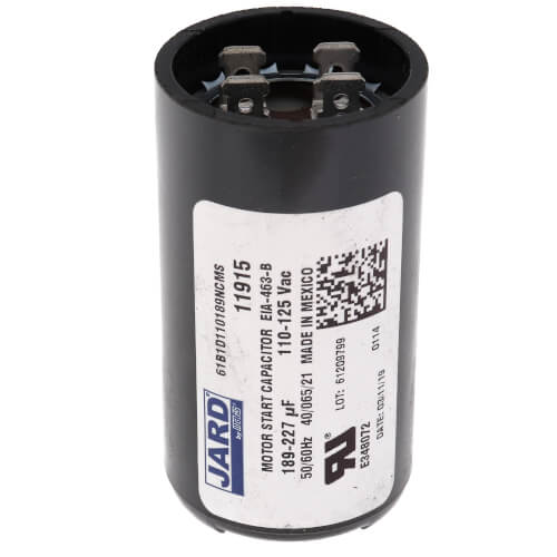 Jard 11915 capacitor - front view (Voltage: 110/125V; MFD: 189-227)