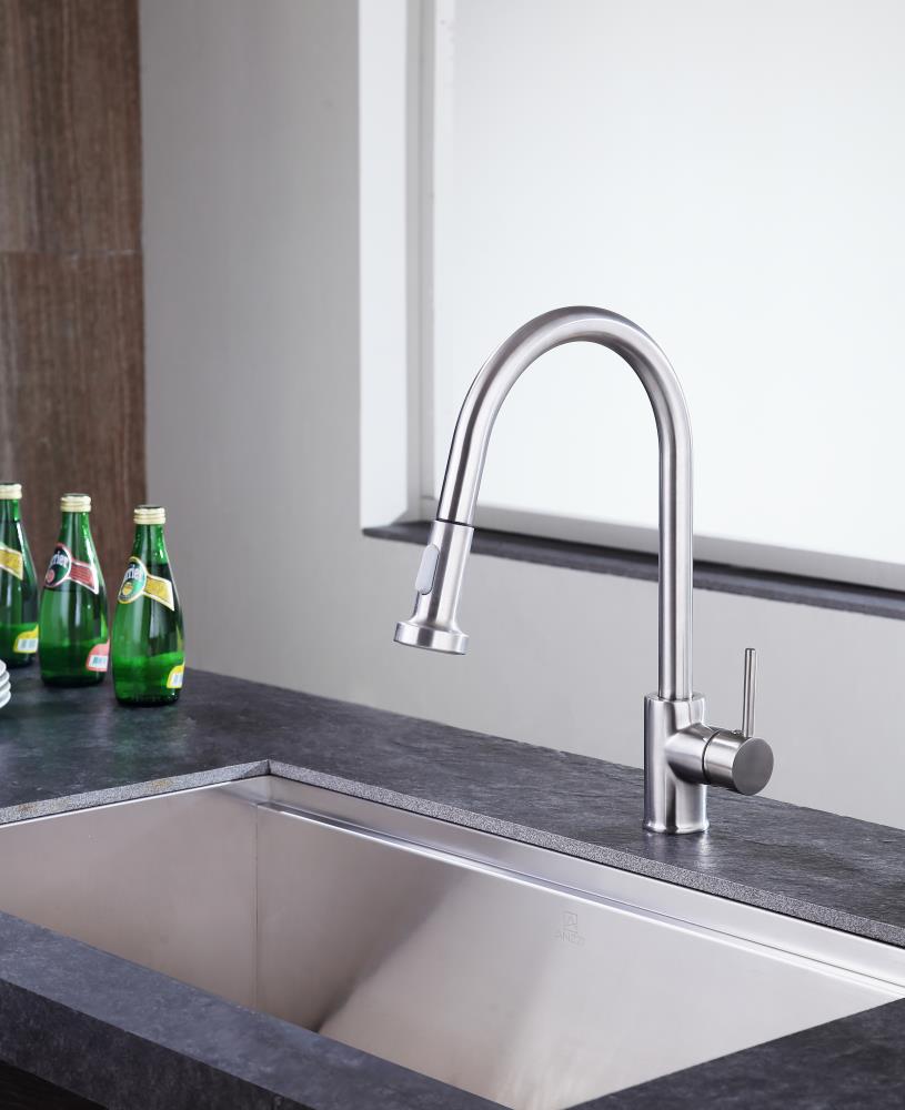 ANZZI Tycho Brushed Nickel 1-Handle Deck-Mount Pull-Out Kitchen Faucet, 15.75-in Height