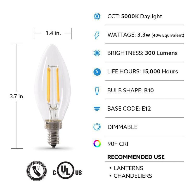 Feit Electric 40-Watt Equivalent CA10 Dimmable Candelabra Clear Glass Vintage Edison LED Light Bulb with Filament Daylight (12-Pack)