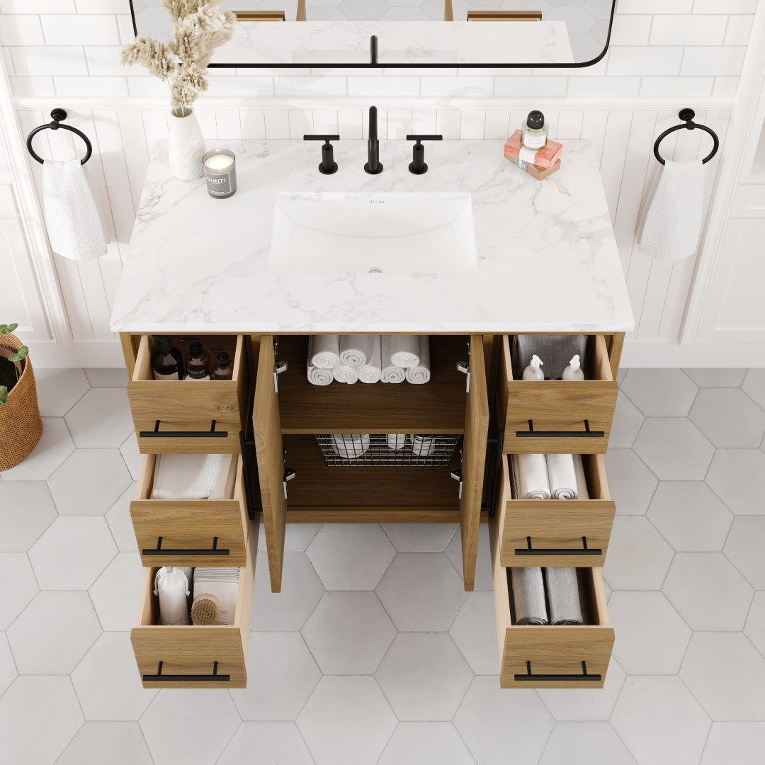 Eviva Graham 42"W x 22"D Oak Bathroom Vanity with White Arabescato Engineered Stone Countertop and Undermount Ceramic Sink