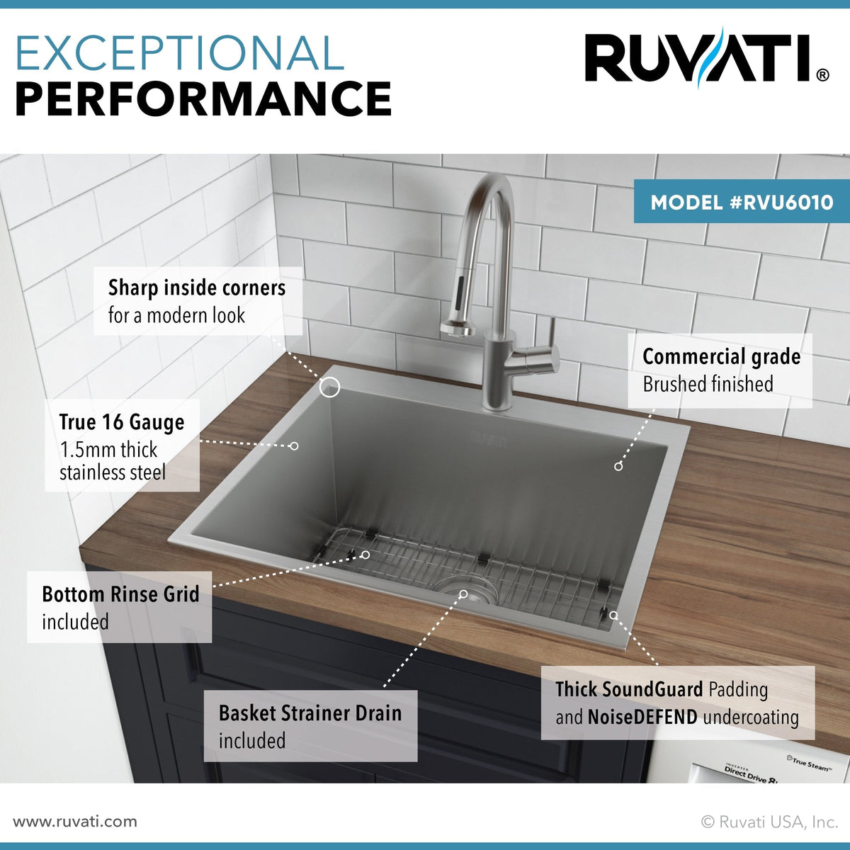 Ruvati Brushed Stainless Steel Drop-In Laundry Sink 25-inch x 22-inch