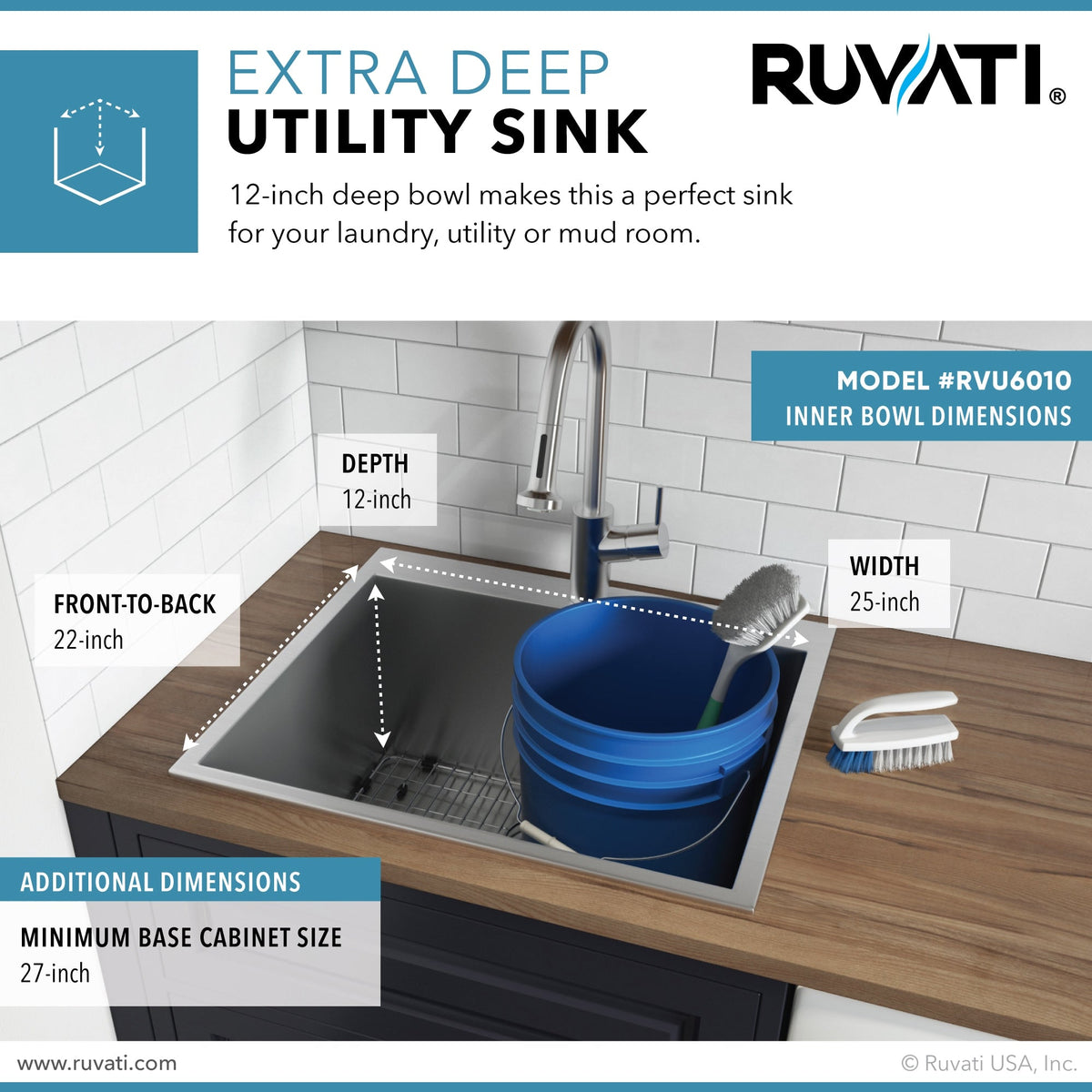 Ruvati Brushed Stainless Steel Drop-In Laundry Sink 25-inch x 22-inch