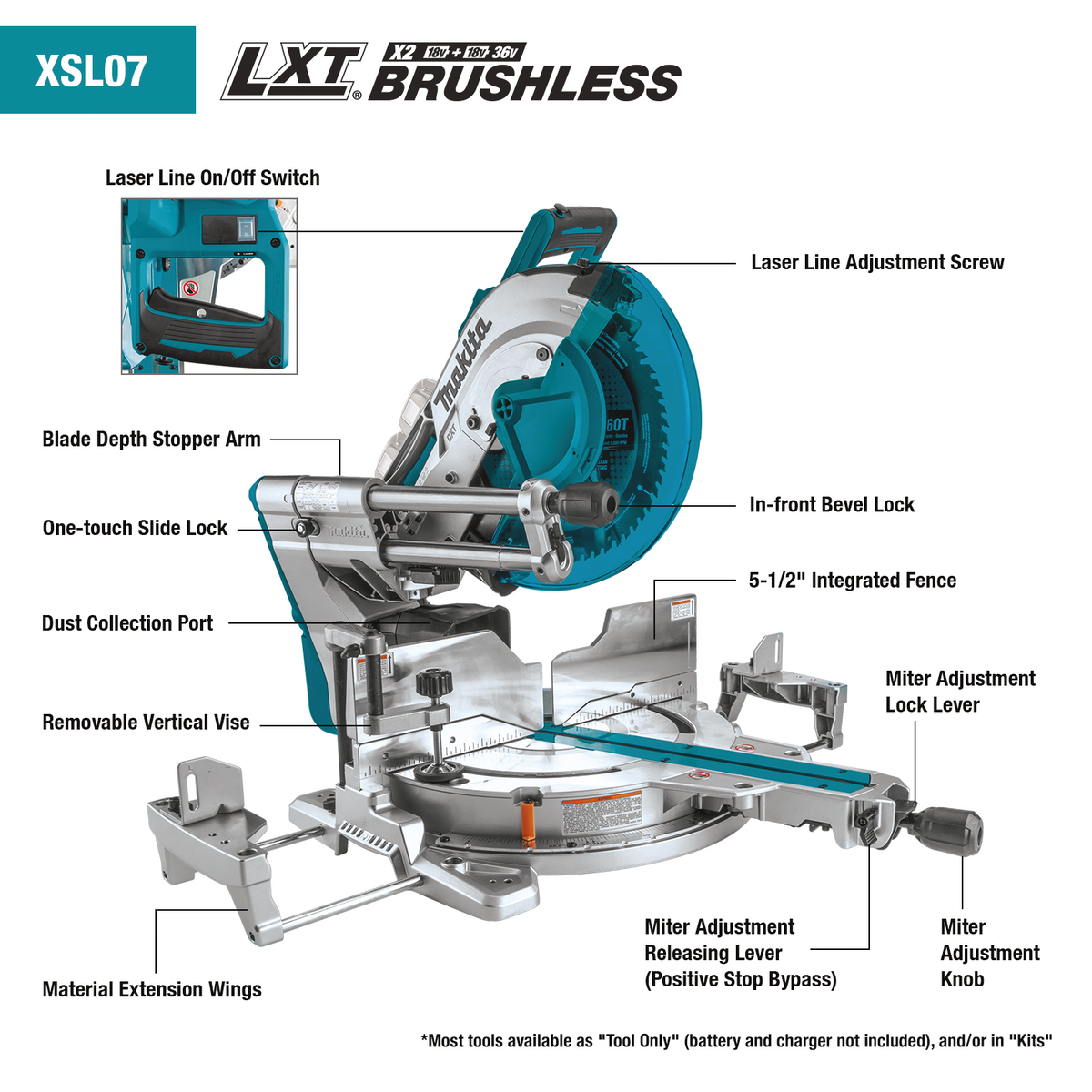 Makita 18V X2 LXT (36V) 12 in. Brushless Dual-Bevel Sliding Compound Miter Saw with Laser Kit, 5.0Ah