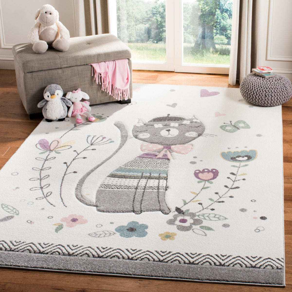 Safavieh Carousel Kids Kitty 3 x 5 Ivory/Pink Indoor Kids Throw Rug
