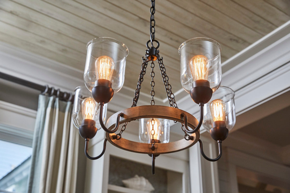 Quoizel Creeksville 5-Light Matte Black with Faux Natural Walnut Farmhouse Antler Chandelier