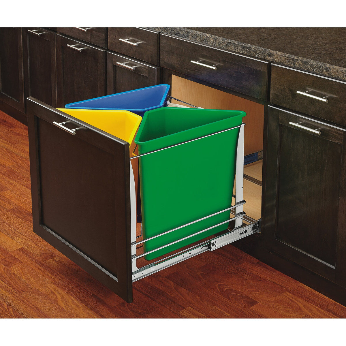 Rev-A-Shelf 25-Quart Triple-Bin Soft-Close Pull-Out Trash & Recycling Center, Chrome Frame