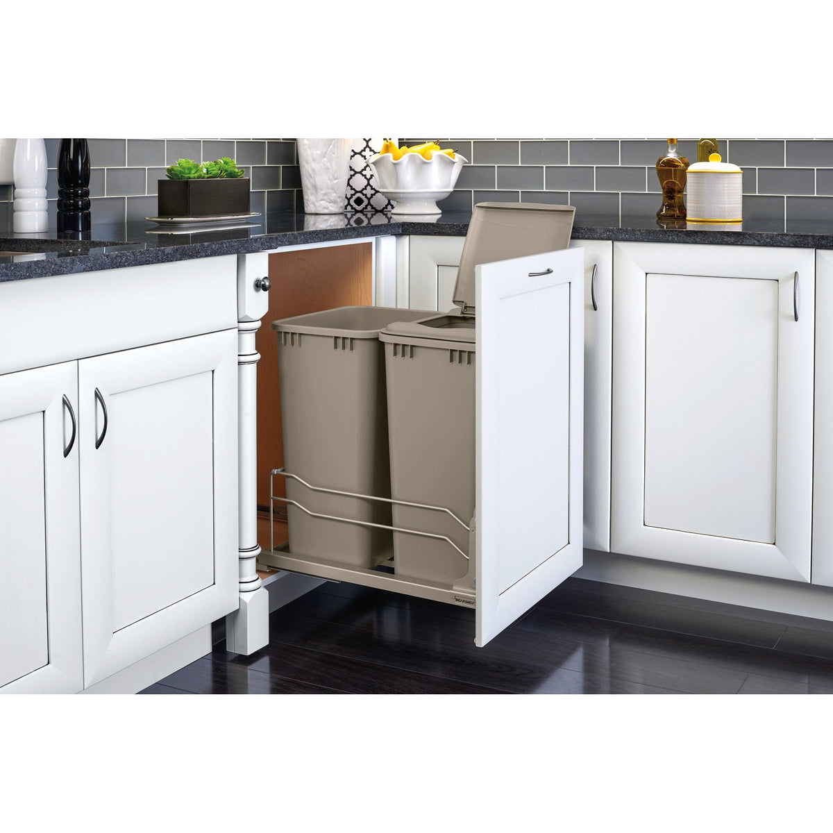 Rev-A-Shelf 50-Quart Plastic Soft-Close Pull-Out Trash Can, Dual Bins, 15–18 in Cabinet