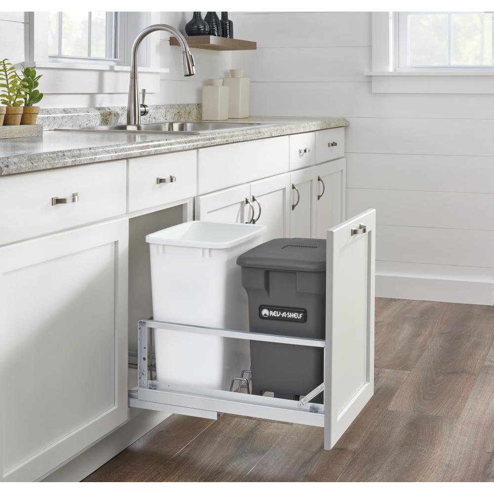 Rev-A-Shelf 35-Quart Plastic Soft-Close Pull-Out Trash and Compost Can Center, Orion Gray/White, 15-in Cabinet