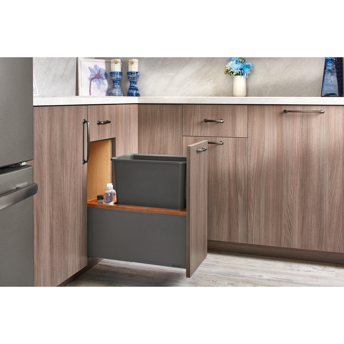 Rev-A-Shelf 30-Quart Plastic Soft-Close Pull-Out Trash Can, Single Bin with Walnut Accent
