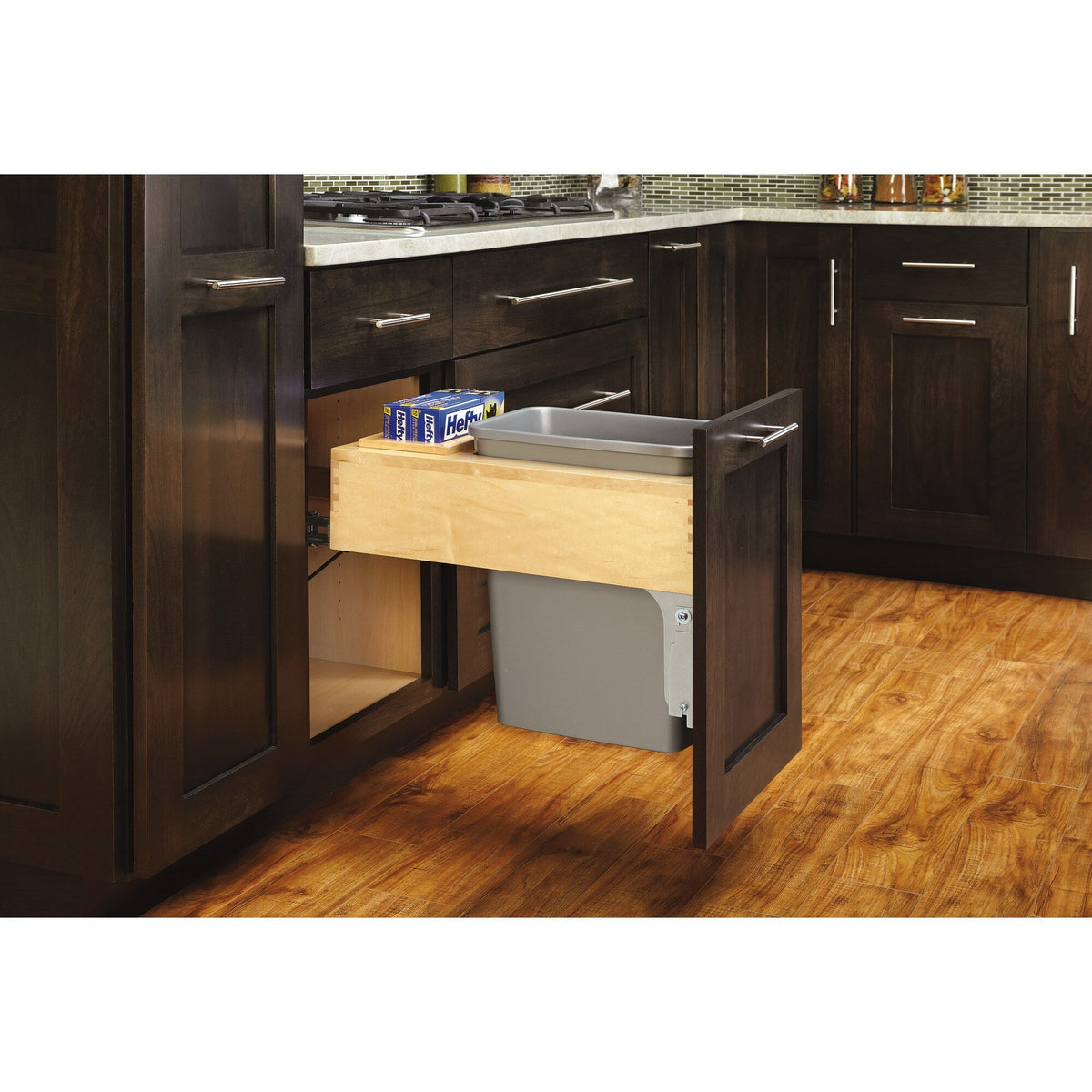 Rev-A-Shelf 35-Quart Plastic Soft Close Pull Out Trash Can, Top-Mount, 14.5–16.75 in Cabinet Opening