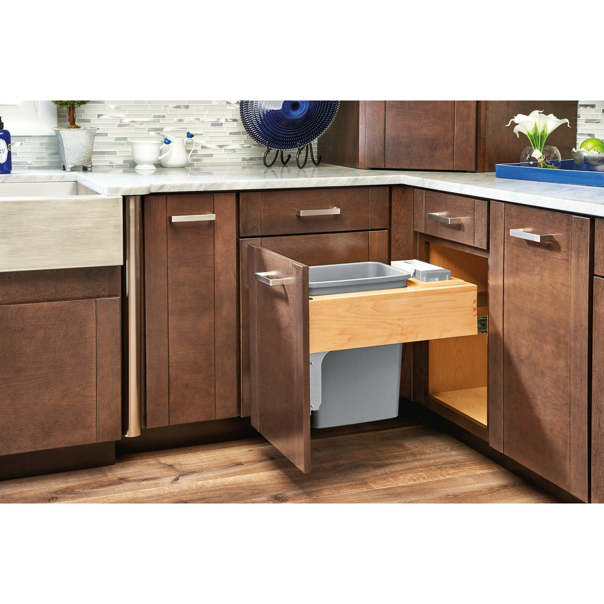 Rev-A-Shelf 35-Quart Plastic Soft Close Pull Out Trash Can, Top-Mount, 14.5–16.75 in Cabinet Opening