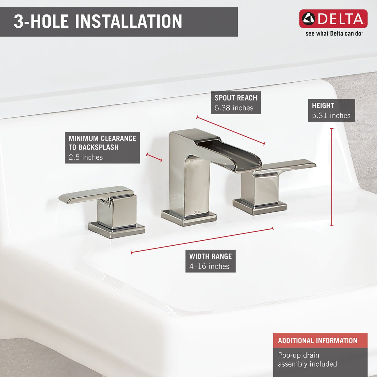 Delta Ara Stainless 2‑Handle Widespread WaterSense Bathroom Sink Faucet with Drain, 4–16 in Centers