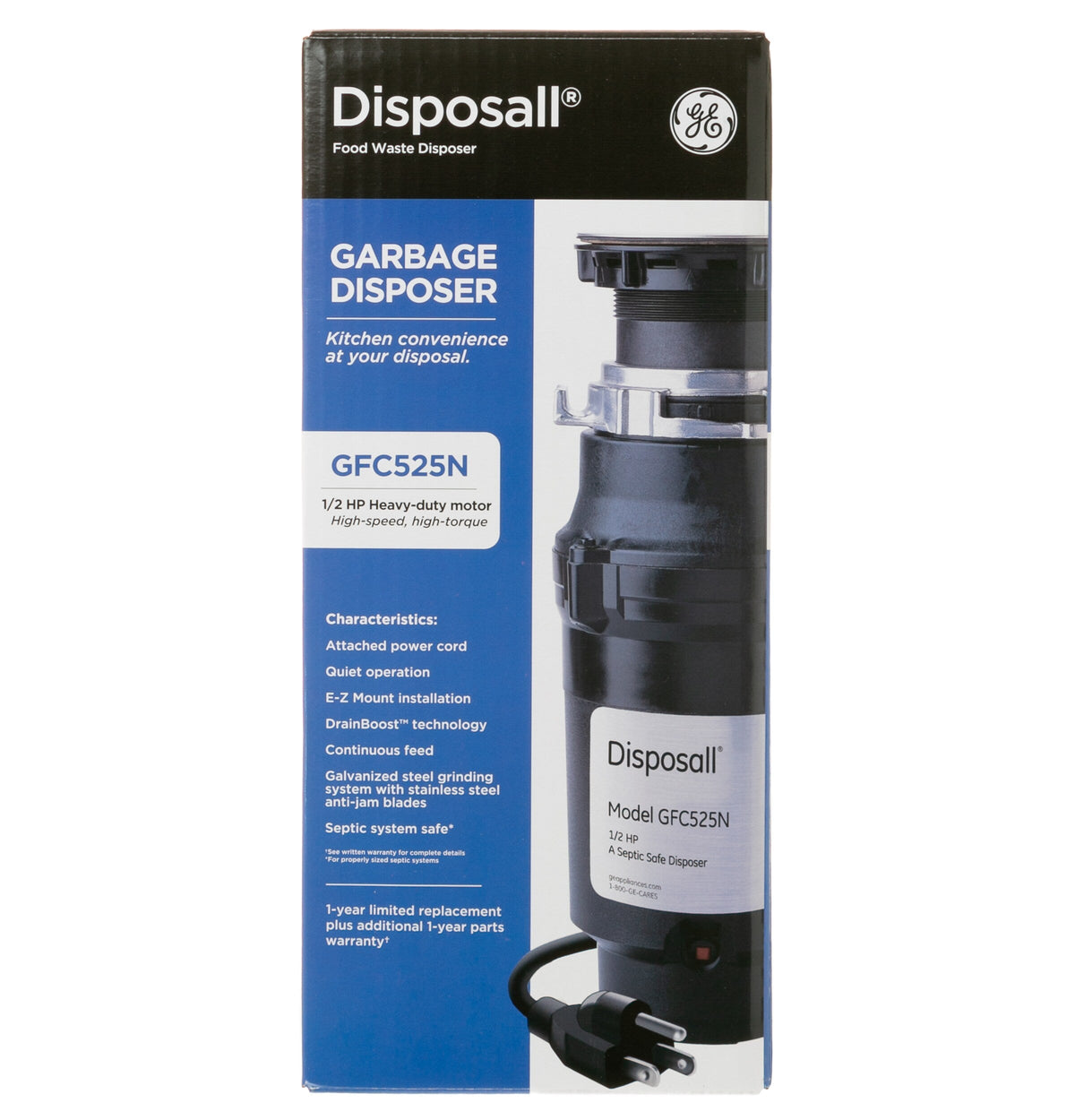 GE 1/2-HP Continuous Feed Garbage Disposal, Corded, Model GFC525N