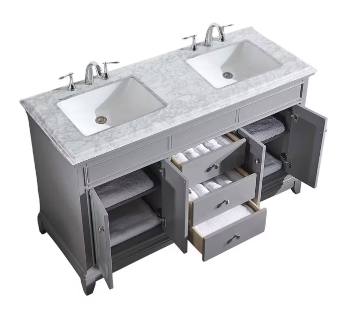 Elite Princeton 72 in. W X 24 in. D X 34 in. H Double Bath Vanity in Gray with White Carrara Marble Top with White Sinks