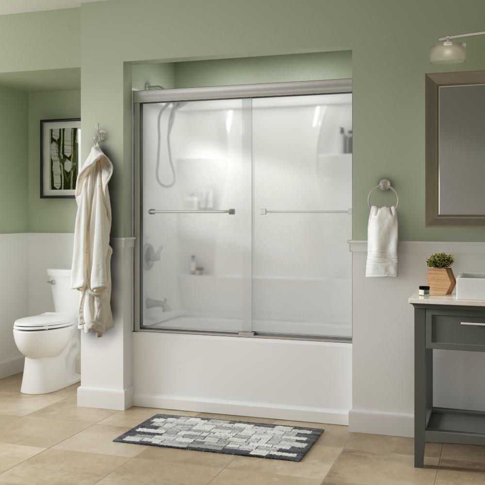 Everly 60 in. x 58-1/8 in. Traditional Semi-Frameless Sliding Bathtub Door in Nickel and 1/4 in. (6mm) Mozaic Glass - Super Arbor
