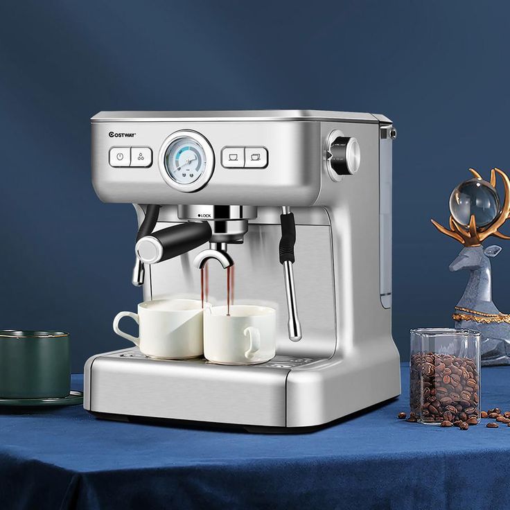 2-Cup Stainless Steel Semi-Auto Espresso Machine Maker with Milk Frother Wand