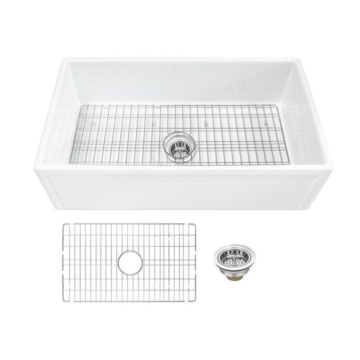 Farmhouse Apron Front Fireclay 33 in. Picture Frame Single Bowl Kitchen Sink in White with Grid and Strainer