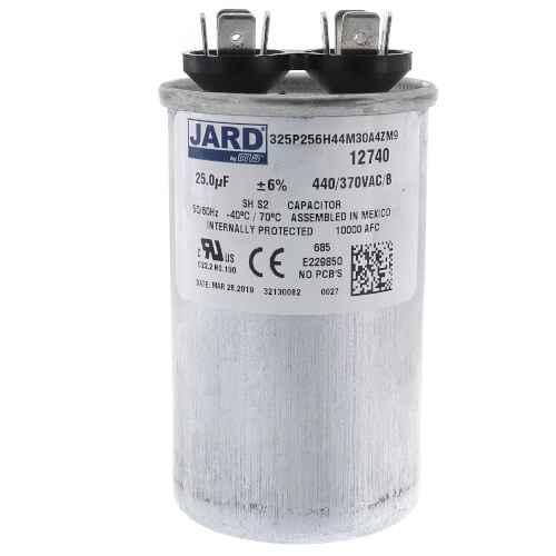 Jard 12740 capacitor - front view (Voltage: 440v; MFD: 25)