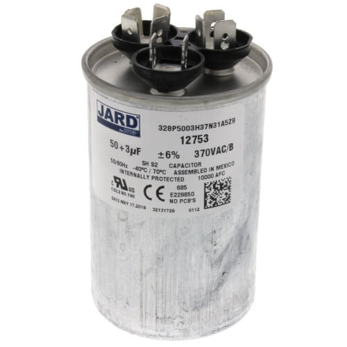 Jard 12753 capacitor - front view (Voltage: 370V; MFD: 50/3)