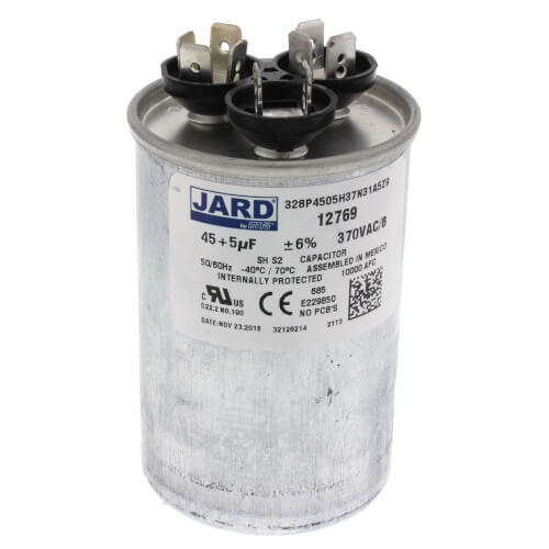 Jard 12769 capacitor - front view (Voltage: 370V; MFD: 45/5)