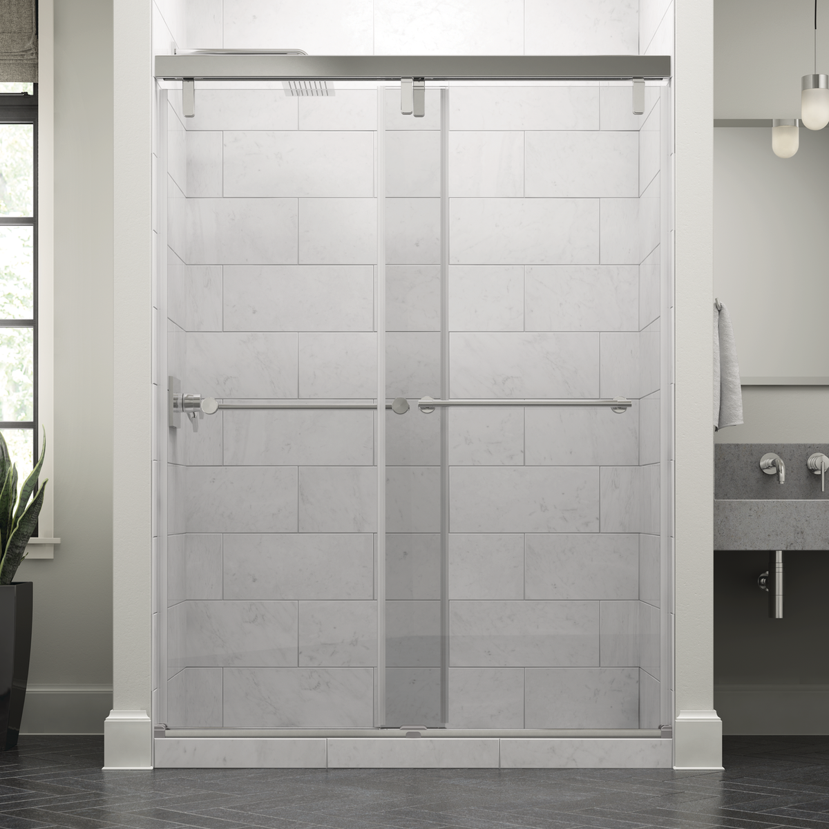 Delta 60 in. x 71-1/2 in. Mod Soft-Close Frameless Sliding Bathtub Door, Nickel, 3/8 in. Clear Glass, Lyndall Handles