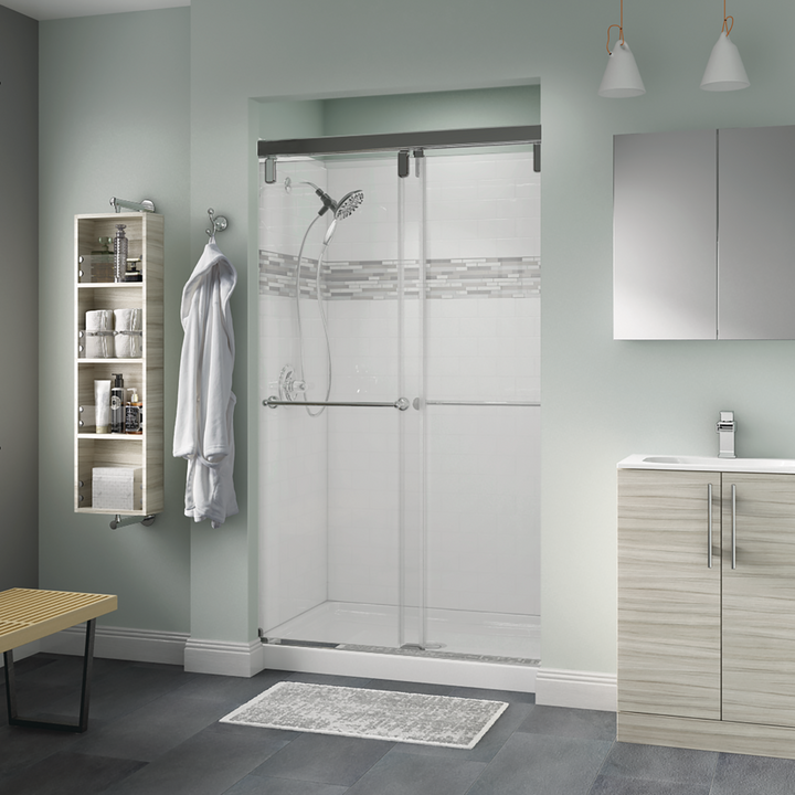 Delta 60 in. x 71-1/2 in. Mod Soft-Close Frameless Sliding Bathtub Door, Nickel, 3/8 in. Clear Glass, Lyndall Handles